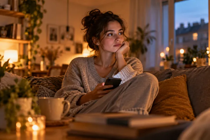 A woman sits thoughtfully at home in the evening, holding her smartphone.