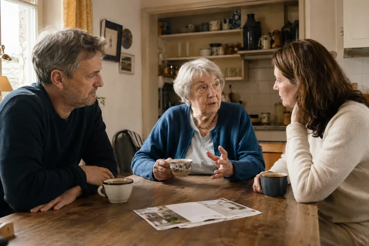 An older woman speaks with her two adult children at a kitchen table.