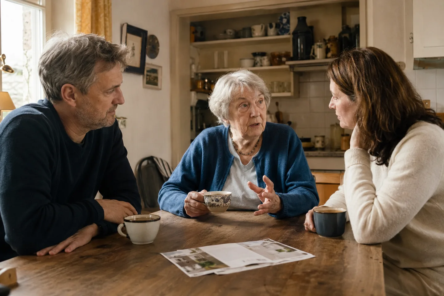 An older woman speaks with her two adult children at a kitchen table.