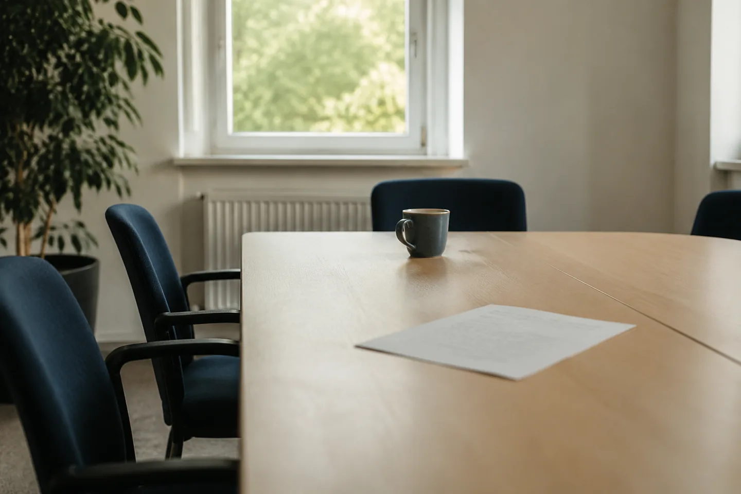 A single coffee cup sits on the opposite side of an empty meeting table.