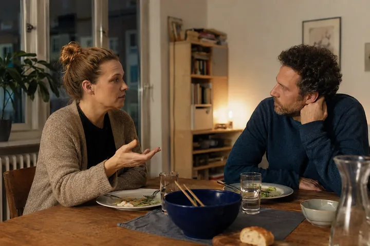 A couple talk attentively with each other after dinner.